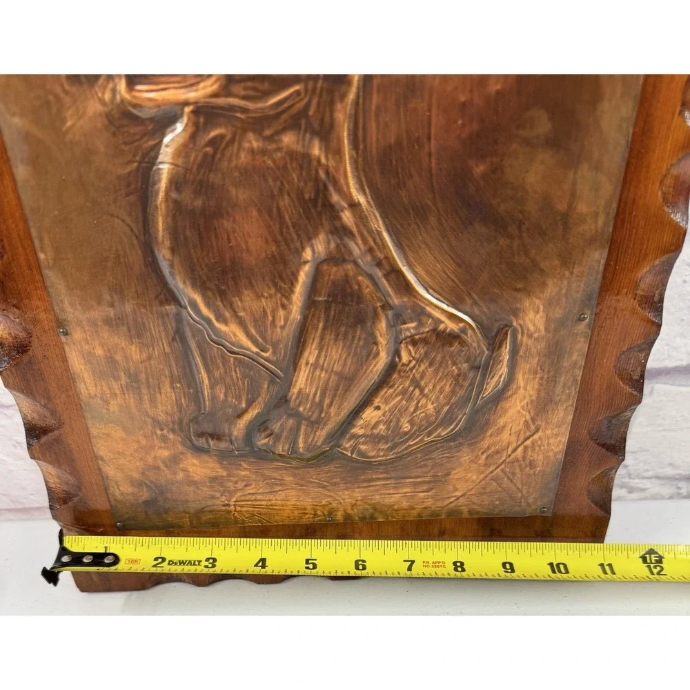 Vintage MCM Framed Hammered Copper Wall Plaque Dog Embossed Folk Art Wood